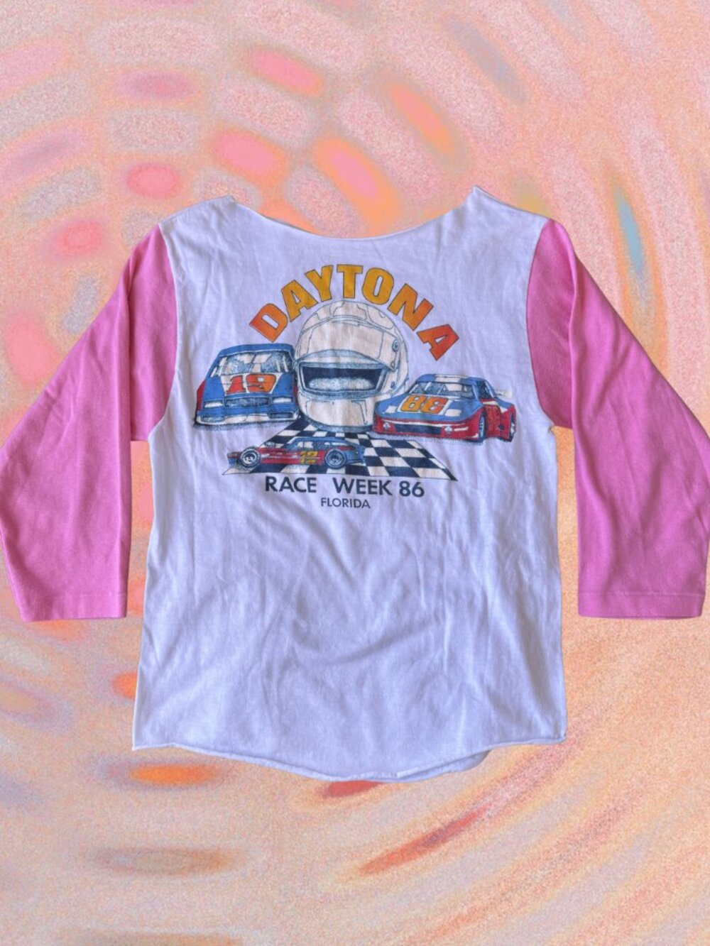 Vintage Daytona Race Week 86 Tee Small Pink Raglan 3/4 Sleeve NASCAR Graphic Tee